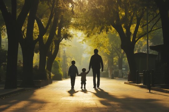 Silhouetted family walking down a tree lined urban street at sunset, enjoying quality time together