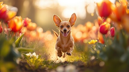 Joyful Dachshund Running Through A Colorful Tulip Field