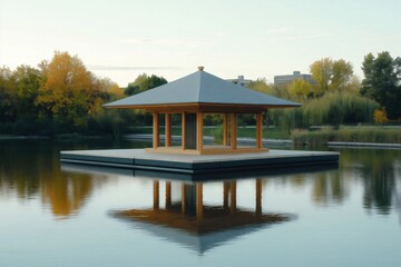 Obraz premium Wooden gazebo standing on a floating platform in the middle of a lake, surrounded by trees and reflecting on the calm water