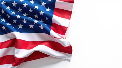 Fototapeta premium A dramatically draped American flag, showcasing its vibrant red and white stripes and a field of blue stars, against a clean white background, ideal for patriotic designs and projects.