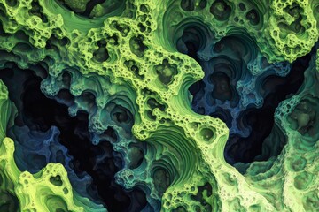 Intricate fractal design forming a captivating organic landscape with green and blue hues, perfect for backgrounds and creative projects