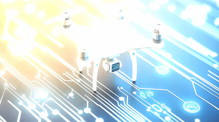 White Drone on Glowing Circuit Board Technology Background