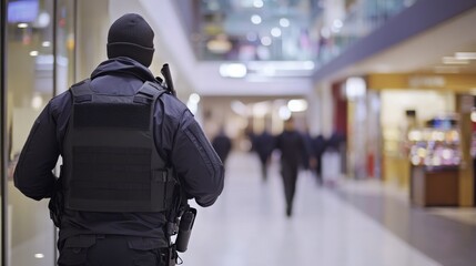 Thief alert in a shopping mall, security noticing unusual behavior. Featuring swift response and shopping center protection