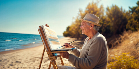 Retired pensioner having an active hobby painting on a beautiful day on the beach full of wellness and joy in their retirement