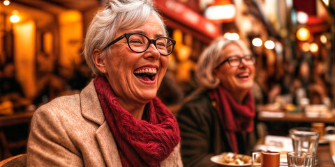 Obraz premium Group of retired female friends laughing and enjoying a meal out together in a restaurant