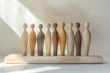 Minimalistic wooden chess pieces arranged on a white surface in a strategic pattern