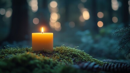 Close-up of a lit candle with a glowing flame and pine branch, set against a dark green forest backdrop