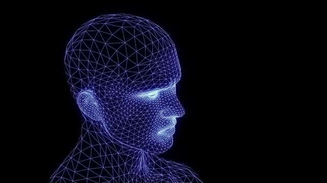 Talking mesh head. Grid head conversation. Animated speaking neon head. Speaking lines mask. 3D animation. 3D mesh.	
