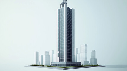 A bold isometric skyscraper stands against a futuristic urban skyline, its clean white and gray glass structure reflecting a pixelated digital aesthetic