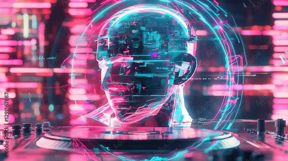 Poster Cyborg head with glowing circuits on a turntable in a futuristic setting, Robot artificial intelligence Cyborg head on turntable glitch effect seamless