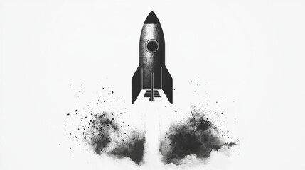 small rocket ship blasting off into sky, symbolizing adventure and exploration. clean design features smoke and dust, evoking excitement and curiosity