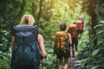 Hikers walking on a trail through the Amazon rainforest on a sunny day, carrying backpacks and using trekking poles