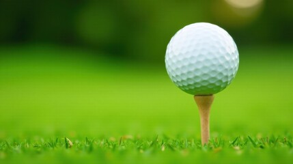 A pristine golf ball sits poised on a tee, ready for the first swing, nestled in vibrant green grass, awaiting the challenge of the course.
