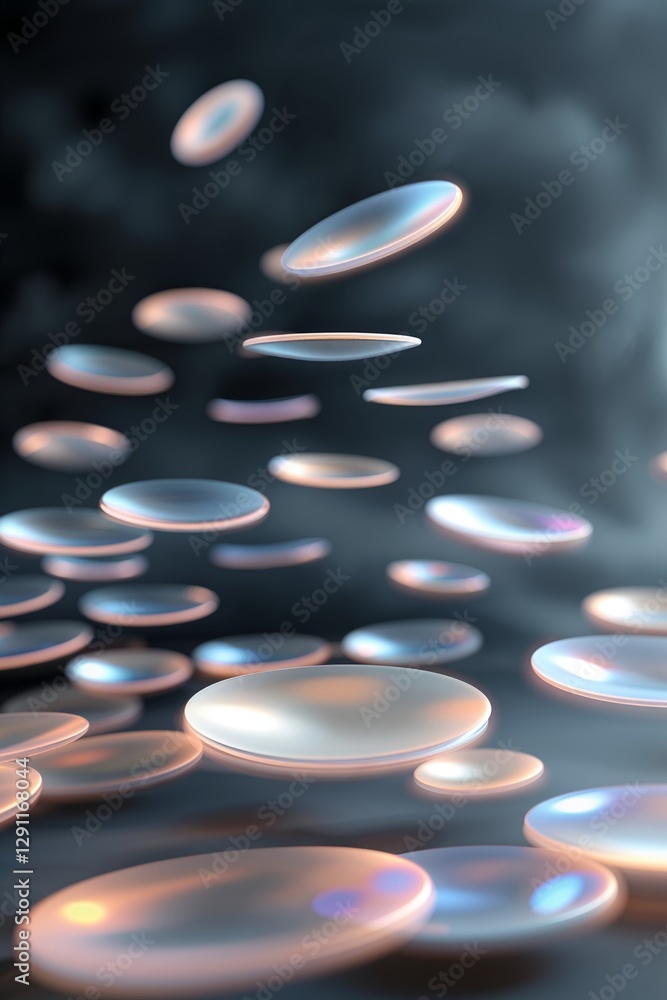 Poster floating translucent discs create an ethereal atmosphere in a dimly lit setting