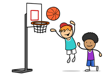 Zwei Kinder spielen Basketball miteinander auf einen Korb © Robert Kneschke