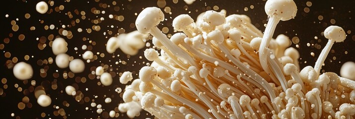 Fried enoki mushrooms mid-air with sesame sauce splashes on Dark Olive Background
