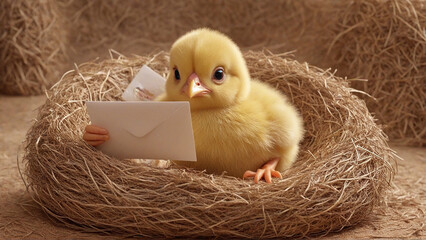 cute little baby chicken sitting in a nest reading a letter