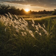 A peaceful pasture with tall grass swaying in the breeze, lit by the golden light of sunset and dotted with white petals.