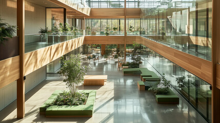 Fototapeta premium A breathtaking atrium bathed in natural light, where floating walkways and glass partitions merge effortlessly with polished concrete floors and warm wooden tones