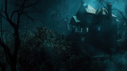 Eerie Haunted House Horror Scene Background with Spooky Atmosphere, Creepy Victorian Mansion, Ghostly Shadows, and Halloween Decoration for Dark Fantasy Design