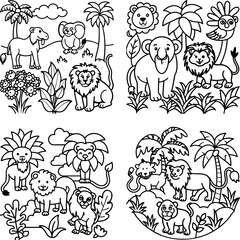 Obraz premium Jungle Safari Coloring Page for Kids, vibrant jungle scene with animals like lions, elephants, monkeys, and parrots, crafted as an exciting coloring page for children