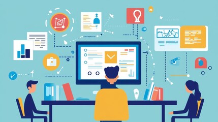 Two individuals engaged in data analysis at a computer, surrounded by digital icons and charts