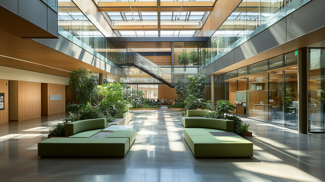 A breathtaking atrium bathed in natural light, where floating walkways and glass partitions merge effortlessly with polished concrete floors and warm wooden tones