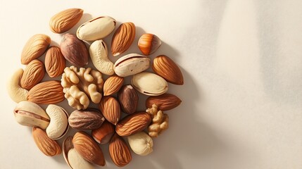 A handful of different healthy nuts, minimalistic and graphic composition, soft transition of light and shadow, muted olive color of the background, shot from above