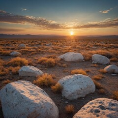 A vast plain bathed in sunset hues, with scattered white boulders creating a peaceful contrast.
