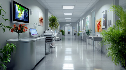 Obraz premium Bright hospital hallway with digital display and green plants