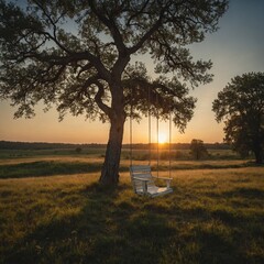 A romantic sunset over a quiet meadow, with a white swing hanging from an old tree.