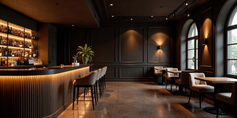 Obraz premium Sophisticated Bar Interior with Warm Lighting and Modern Seating Arrangement