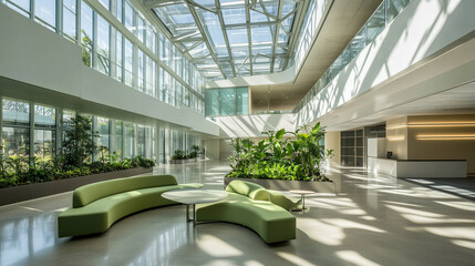 A breathtaking modern atrium bathed in natural light from dramatic skylights, casting intricate shadows across polished concrete floors