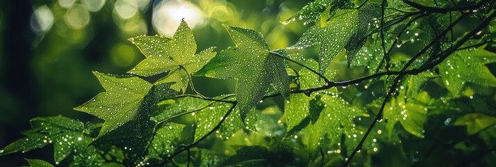 Glistening morning dew on vibrant green leaves in a tranquil forest
