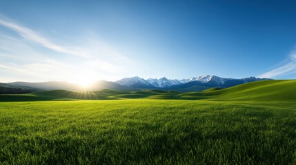 Obraz premium Green Field with Mountains and Blue Sky at Sunrise