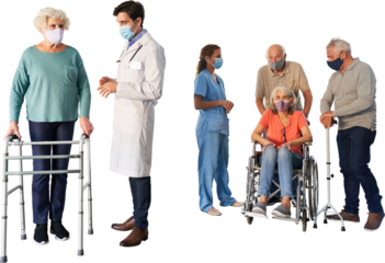 Doctor and seniors with mouth and nose protection