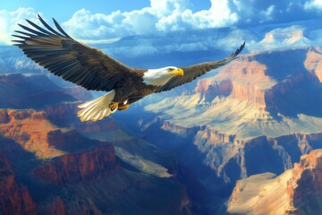 Fototapeta premium Bald eagle soaring over the colorful landscape of the Grand Canyon under a blue sky with white clouds