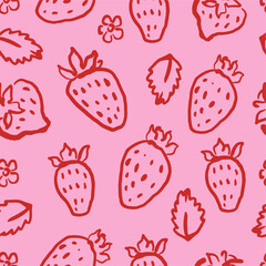 Hand drawn strawberries seamless pattern. Berries on pink background. Naive art style backdrop. Fruit pattern design for textile, wallpaper, and print.