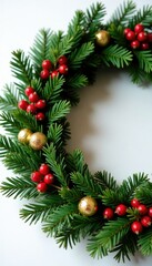 Evergreen wreath with red berries and golden accents, garland, decorations, red berries