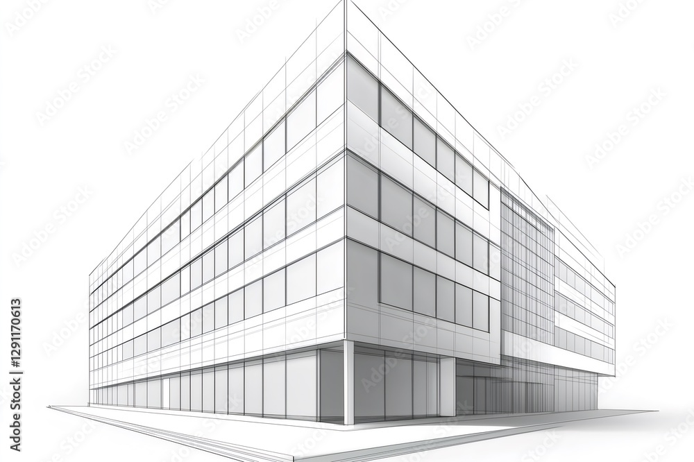 Poster wireframe rendering of a modern office building highlighting clean geometric lines and architectural