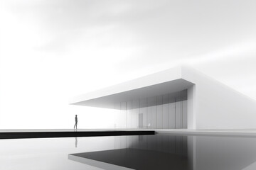 Black and white minimalist architectural visualization of a businessman walking near a modern office building with a large pool in front of it