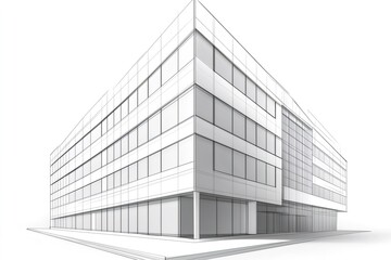 Wireframe rendering of a modern office building highlighting clean geometric lines and architectural design