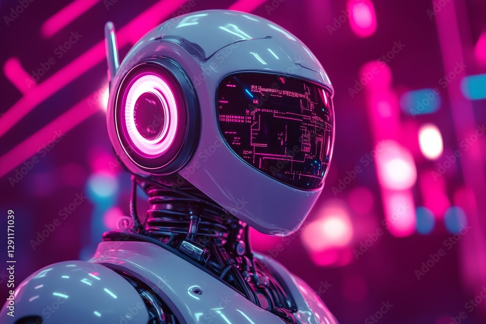 Poster futuristic robot with neon lights and synthwave aesthetics in a vibrant retro environment