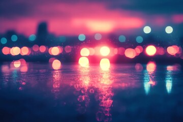 Blurred city lights reflecting on water at night with bokeh effect