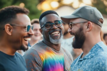 Three cheerful men enjoying a moment of laughter and connection, celebrating diversity and friendship