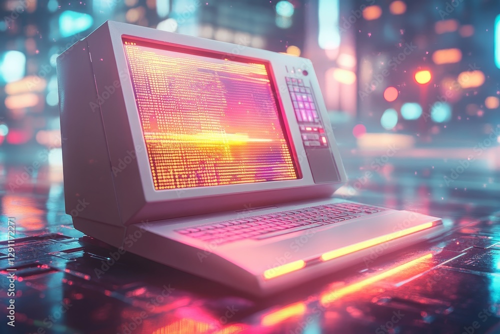Poster vintage computer displays vibrant data patterns in a futuristic cityscape filled with neon lights at