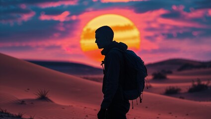 Silhouette of a hiker against a vibrant sunset in the desert