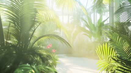 Fototapeta premium Greenhouse Oasis: A serene sanctuary enveloped by lush tropical plants and gentle sunlight. It's an inviting image, perfect for evoking feelings of peace and the beauty of nature. 