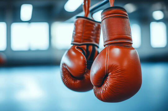 Red leather boxing gloves hanging on a hook in a gym, poised for intense training or fierce competition among dedicated athletes - Powered by Adobe