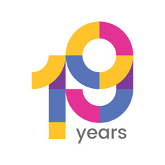 logo 19th anniversary celebration with colorful design, Modern geometric style. 